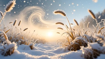 Sunrise snowflakes swirling above frosty meadow grass