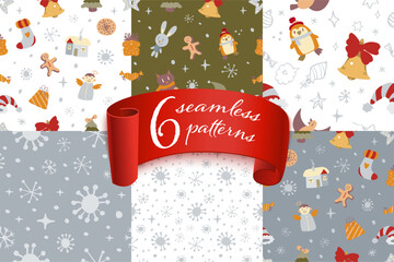 Set of Adorable seamless Christmas doodle pattern with cute festive icons and cozy holiday vibes. Perfect for gift wrap, textiles, greeting cards, and joyful seasonal decor.