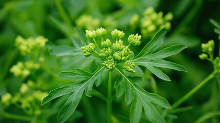 Close-up of Fresh Green Dill Herb with Yellow Flower Clusters.