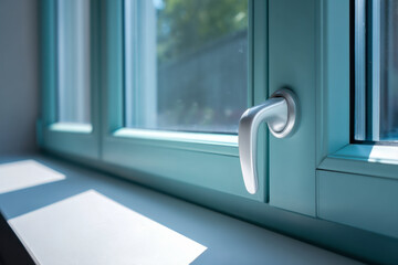 Modern window with sleek metal handle and frosted blue frame reflecting sunlight on a bright indoor windowsill with outdoor greenery blurred in the background