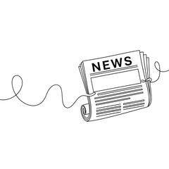 Rolled newspaper with 'NEWS' headline, tied with a continuous line, representing current events and information, black and white illustration