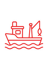 Fototapeta premium Minimalist red outline icon of a fishing boat with a fish catch on a hook