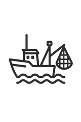 Obraz premium Outline icon of commercial fishing trawler boat hauling net on water