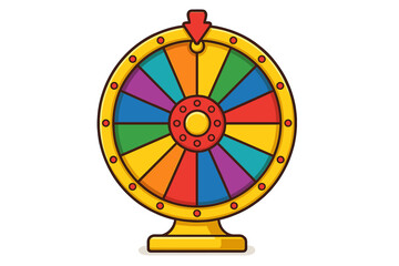 Colorful spinning prize wheel with pointer on a stand
