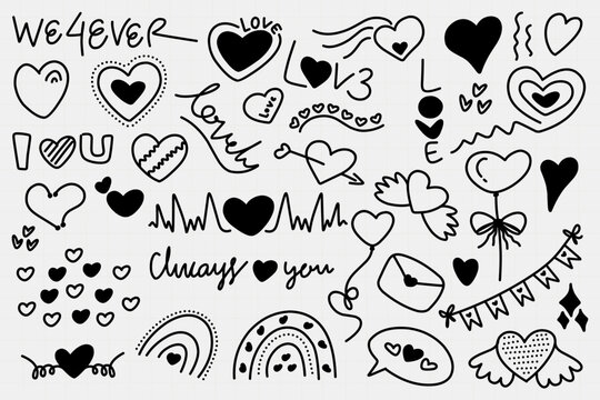 Hand drawn romantic clip art elements collection, doodle of love, heart, balloon, rainbow, handwriting, etc.