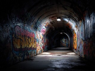 Obraz premium Vibrant Graffiti Covering Walls of Dark Urban Tunnel.