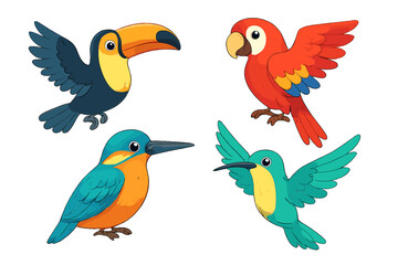 Fototapeta premium Four colorful tropical birds: toucan, parrot, kingfisher, and hummingbird collection