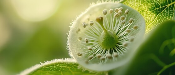 Close-up of Fuzzy Green Plant Bud on Leafy Background.