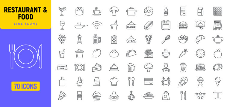 Restaurant food line icon set. Restaurant menu pizza beverage burger grill icons.