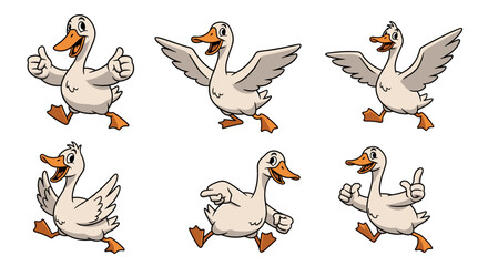 Set of six cartoon geese in various running poses with happy expressions.