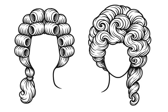 Two styles of historical powdered wigs in outline