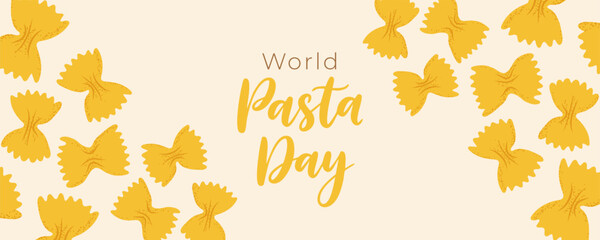 World Pasta Day banner with farfalle pasta for menus or event