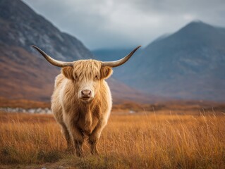 Highland cow standing in grassy field with mountains