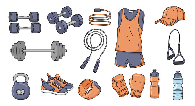Colorful hand-drawn illustration of various fitness and workout equipment including dumbbells, barbell, jump rope, sportswear, and water bottles.
