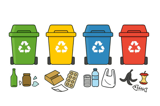 Four colored recycling bins with sorted waste materials icons