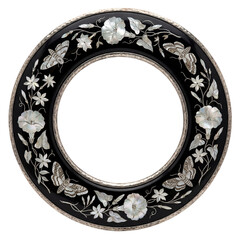Antique black lacquer circular frame with intricate mother-of-pearl inlay of flowers and butterflies. Ornate design element isolated on a transparent background.