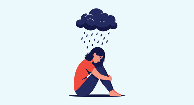 A woman sits with her knees drawn up to her chest, head bowed under a dark rain cloud, symbolizing sadness, depression, and emotional distress.