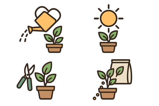 Essential potted plant care steps icons for watering sun pruning and feeding
