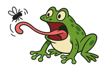 Fototapeta premium Cartoon frog uses long tongue to catch a small fly