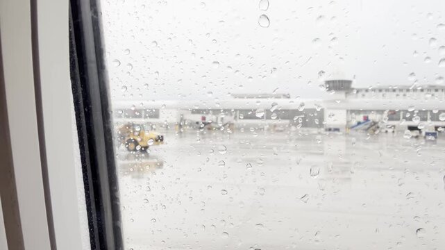 Inside plane view of Detroit's DTW airport with snow plows clearing snowy runway through airplane window during winter weather conditions.