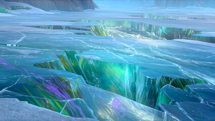 Frozen river with vibrant spring