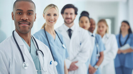 Group portrait of a diverse team of healthcare professionals, including doctors and nurses, standing together in a bright modern hospital corridor
