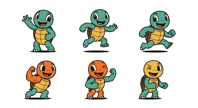 Cute Cartoon Turtle Characters Set Collection.