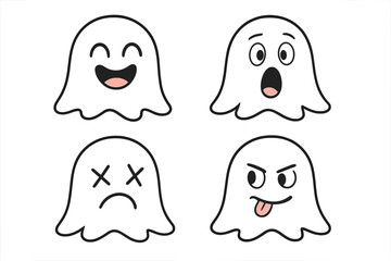 Four cute cartoon ghost emoticons showing different facial expressions