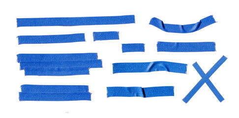 Blue Painter's Tape Strips on transparent Background Forming Abstract Cross Shape for Design and...