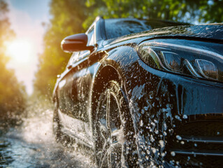 Exciting driving experience with a sleek black car splashing through water on a sunny day, highlighting speed, agility, and adventurous spirit