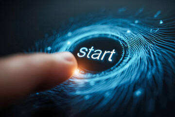 Finger pressing illuminated start button surrounded by futuristic digital network patterns symbolizing beginning of technology-driven process