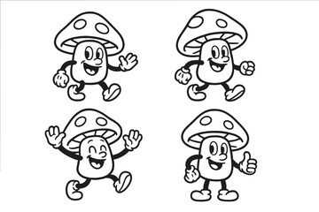 Fototapeta premium Four cheerful anthropomorphic mushroom characters in retro style