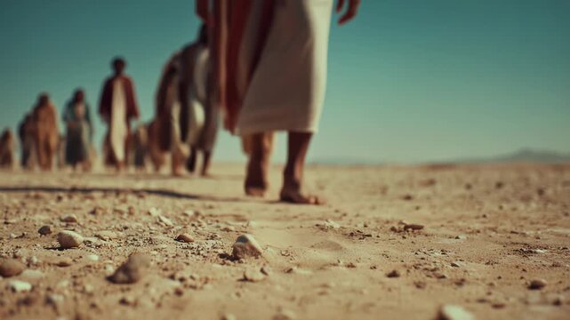 Jesus walks barefoot across the arid desert with followers on a sunny day