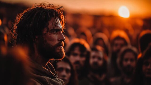 Jesus addresses a crowd at sunset in judea, offering teachings and hope