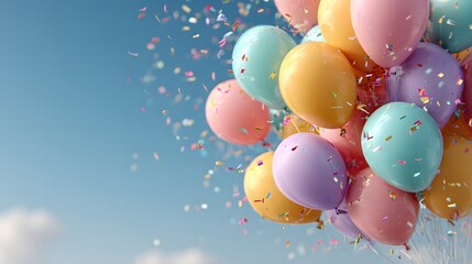 Festive party background with colorful pastel balloons floating against light blue sky with confetti scattered in the air, joyous celebration.