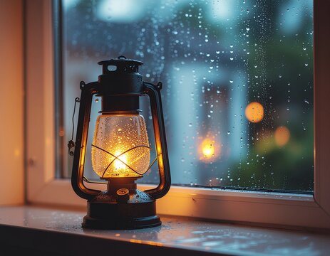 Lentera minyak tanah antik berbahan logam dan kaca menciptakan binar api yang hangat sebagai dekorasi natal kuno di tengah kegelapan malam yang terpencil