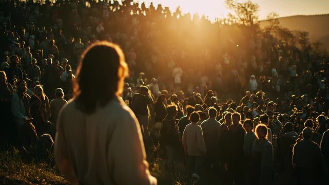 Jesus addresses large crowd on hillside during sunset, his back turned facing audience