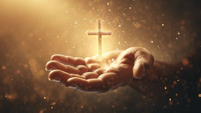 Hand holds glowing christian cross symbol of jesus christ and faith in god