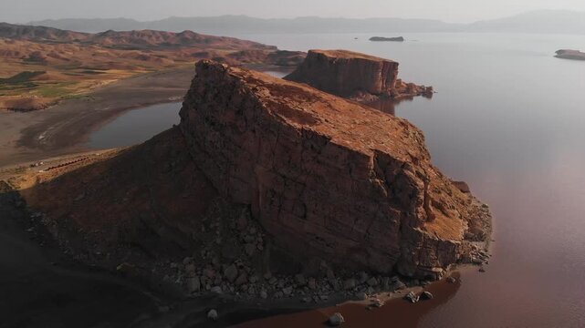 Aerial Panoramic Drone fly Lake Urmia Iran at Sunset Scenic Salt Lake Landscape