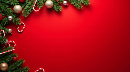 Red Christmas Decorative Background with Pine Leaves and Candy Cane for Holiday Greeting Card Design