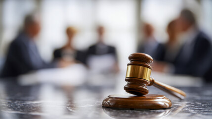 Wooden judge hammer on marble table with blurred group of professional business people meeting in background as legal and courtroom concept stock photo