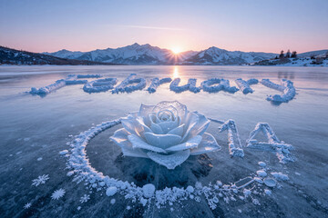 Ice sculpture of rose and text in frozen lake at sunset in February