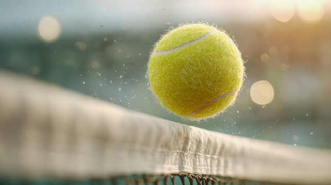 Tennis ball bouncing over the net during a dynamic match in bright sunlight with detailed texture and motion particles suspended in the air
