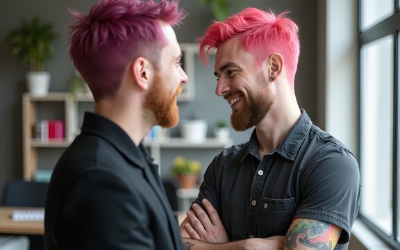 LGBTQ+ transgender man Beautiful Authentic Specialist&nbsp;with Pink Hair and Non-binary trans working together Working Design in creative workplace team work colleagues Gender equality. High quality