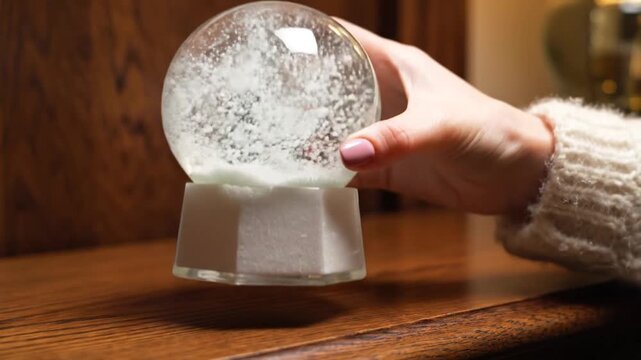Close-up of a hand shaking a snow globe with a miniature house and Christmas tree inside, creating a winter wonderland scene.