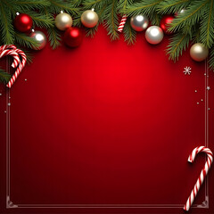 Elegant Red Christmas Decorative Background with Pine Garland Ornament Border and Frame