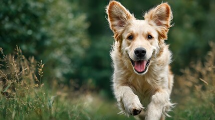 Happy Golden Retriever dog running directly towards camera on green grass, ears flapping, tongue out, blurred park background, dynamic shot.