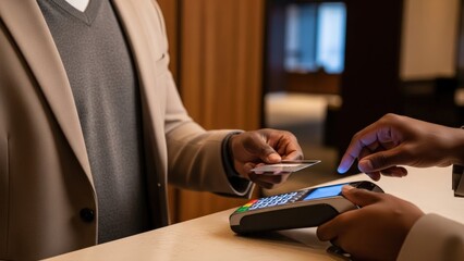 African American man completes a hotel payment using a credit card on a sleek, glowing terminal at the elegant front desk, showcasing modern digital convenience