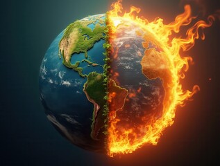 Fototapeta premium Earth divided between thriving nature and destructive fire