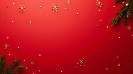 Festive Red Christmas Decorative Background with Snowflakes Pine Branches and Ornament Details